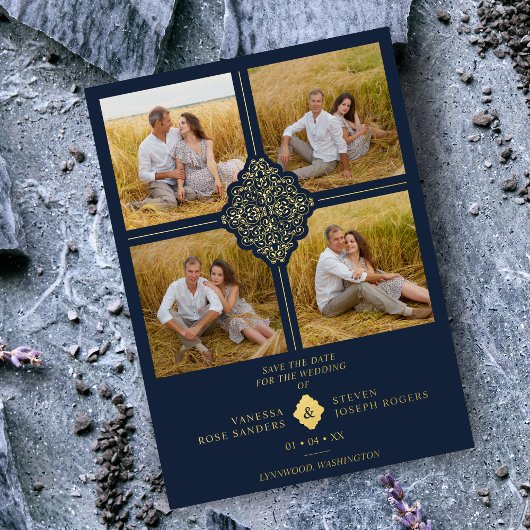 フラリッシュネイビー金ゴールド4枚の写真クラシックFiligree 箔招待状