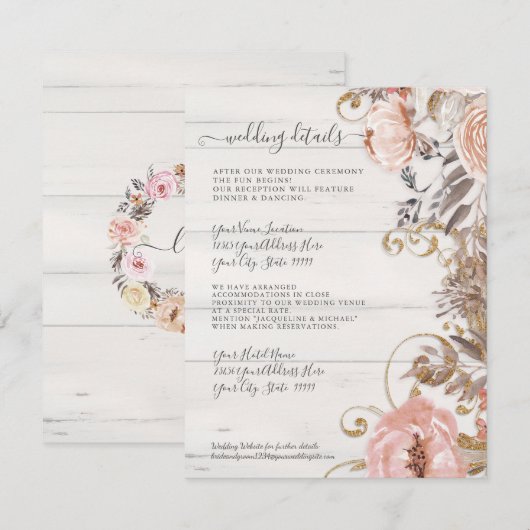 フラル ボーホー ブラッシュ ローズ ホワイト ウッド ウェディング ディテール 招待状 (正面/裏面)