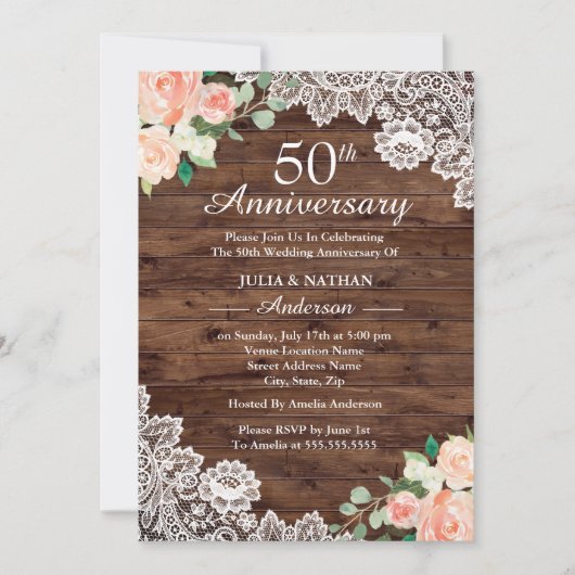 フラル ラスティック ウッドレース 50周年 結婚記念日 招待状 (正面)