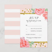 フラル ヴィンテージ ピンク ゴールド ストライプ 結婚式 返信 (正面/裏面)