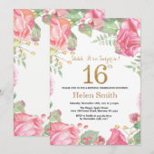 フラワリーサプライズ 16歳の誕生日 ゴールドグリッター 招待状 (正面/裏面)