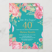フラワリーサプライズ 40歳の誕生日 ゴールドとターコイズ 招待状 (正面/裏面)