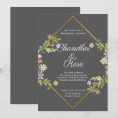 フラワリ－・ゴ－ルド・ジオメトリック・ミニマリスト・グレイ・ウェディング 招待状 (正面/裏面)