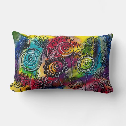 フラワーお洒落カラフルガーデンオリジナルのアートワーク ランバークッション (正面)