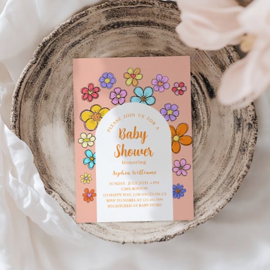 フラワーお洒落ベビーシャワーピーチ&パステル 招待状