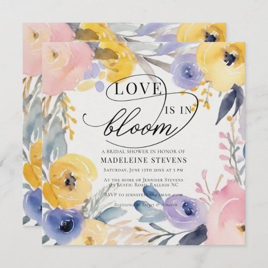 フラワーお洒落ラヴカラフル開花ブライダルシャワー 招待状 (正面/裏面)