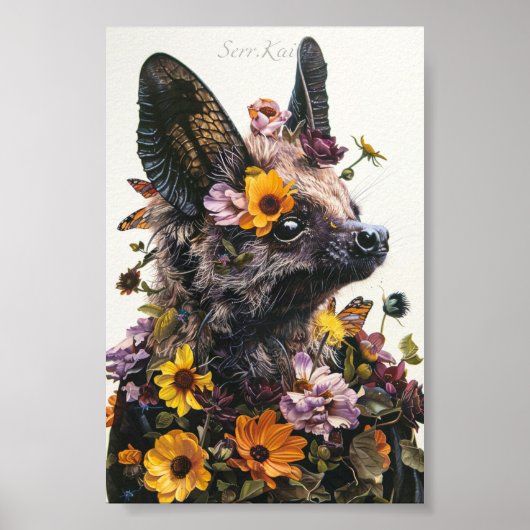 フラワーこうもりイン白プリント&ダウンロード ポスター (正面)