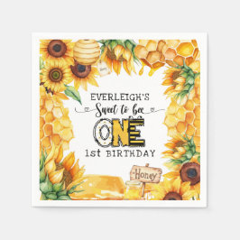 フラワーで可愛い1歳の誕生日おめでとう Bee スタンダードカクテルナプキン