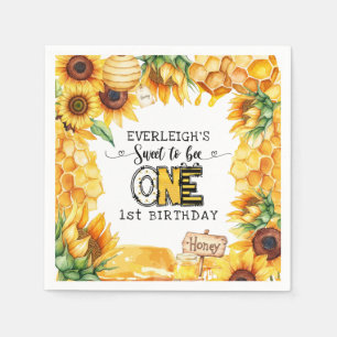 フラワーで可愛い1歳の誕生日おめでとう Bee スタンダードカクテルナプキン