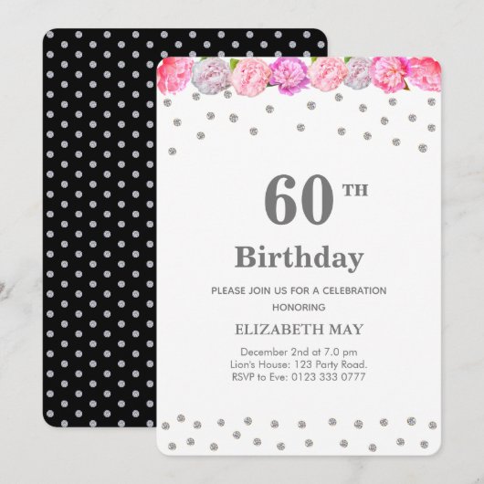 フラワーとダイヤモンドの40歳、60歳の誕生日 招待状 (正面/裏面)