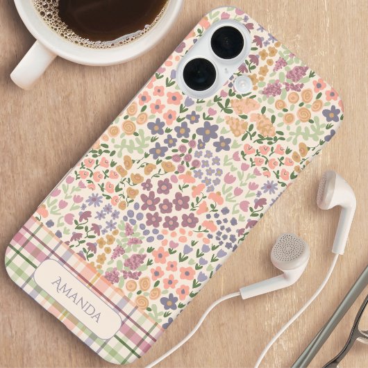 フラワーとチェックの名入れスマホケース Case-Mate iPhoneケース