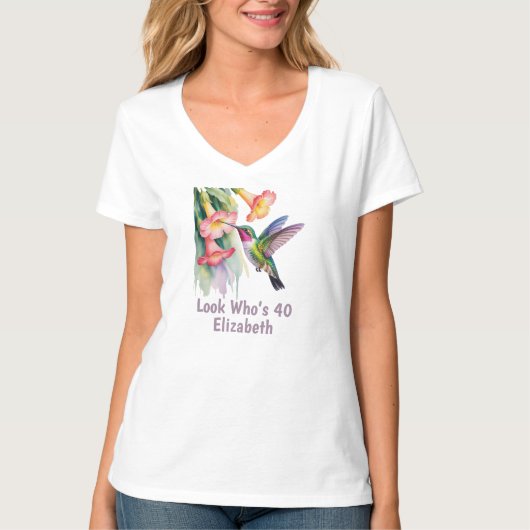 フラワーとハチドリの水彩画 誕生日おめでとう40歳 Tシャツ (正面)