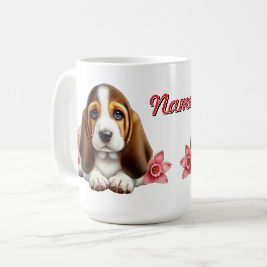 フラワーとバセットハウンドの子犬のイラスト コーヒーマグカップ (正面左)