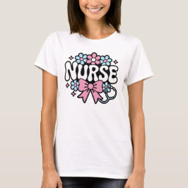 フラワーとリボンのかわいいレトロ看護師デザイン Tシャツ