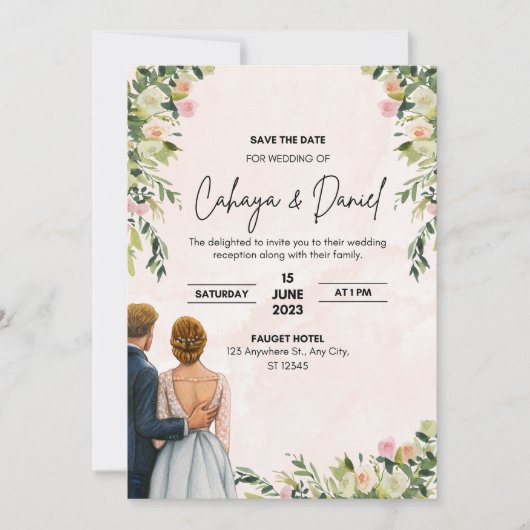 フラワーのウェディング・招待状 | エレガントな水彩画 セーブザデート (正面)