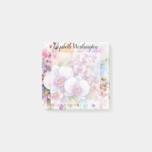 フラワーのウォーターカラーモノグラム ピンクの蘭の花 ポストイット (正面)