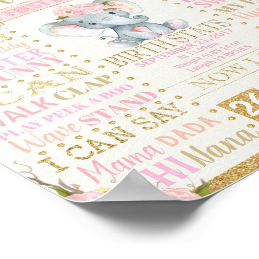 フラワーの象 1歳の誕生日マイルストーン 誕生統計 ポスター (角)