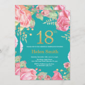 フラワーの18歳誕生日 ゴールドグリッターとターコイズ 招待状 (正面/裏面)