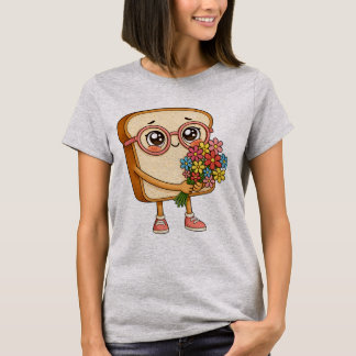 フラワーを抱えたブレッドトニー - かわいいパンTシャツ Tシャツ