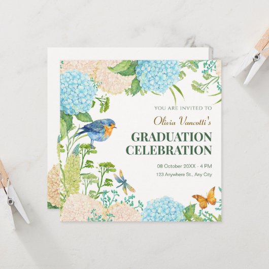 フラワーアジサイ蝶の卒業 招待状 (正面/裏面インサイチュ)