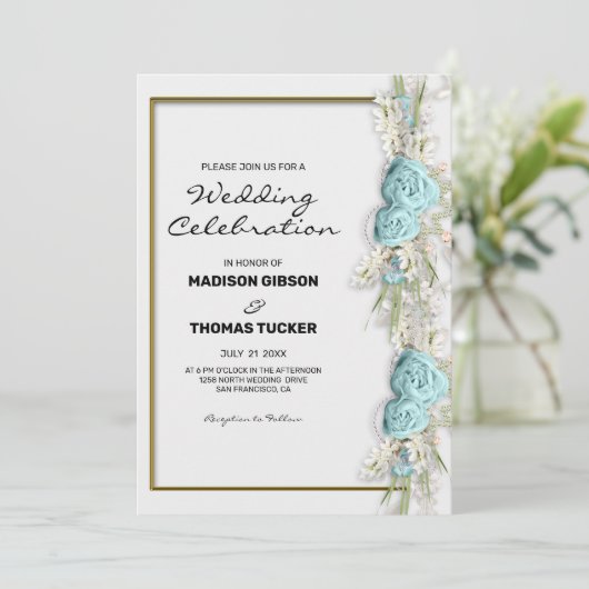 フラワーアレンジメントブルーバラ結婚式招待状 招待状 (スタンド正面)