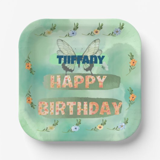 フラワーアンドバタフライ紙スクエアプレート ペーパープレート (正面)