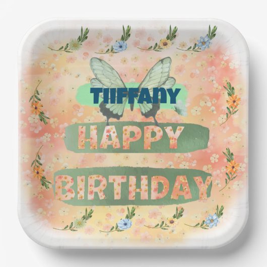 フラワーアンドバタフライ紙スクエアプレート ペーパープレート (正面)