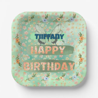 フラワーアンドバタフライ紙スクエアプレート ペーパープレート