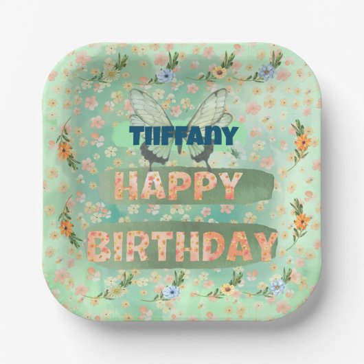 フラワーアンドバタフライ紙スクエアプレート ペーパープレート (正面)