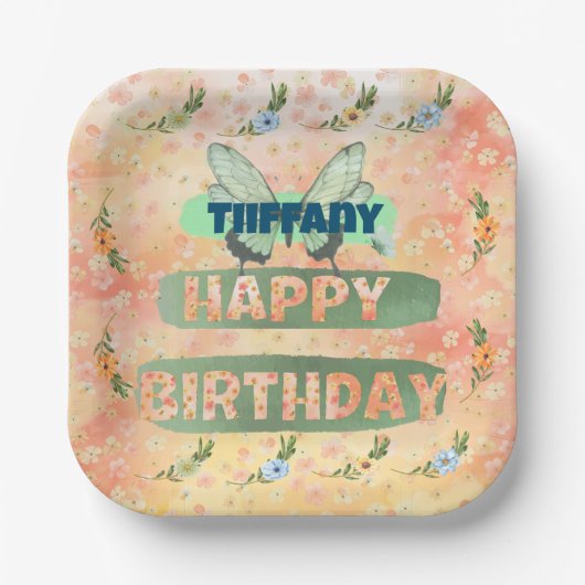 フラワーアンドバタフライ紙スクエアプレート ペーパープレート (正面)