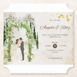 フラワーアーチの水彩デザインの結婚式招待状 ペーパーコースター