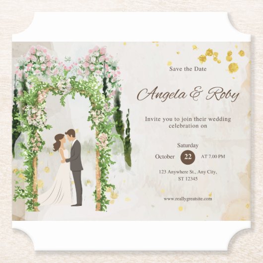 フラワーアーチの水彩デザインの結婚式招待状 ペーパーコースター (正面)