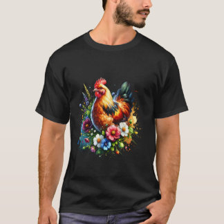 フラワーアート グラフィック ニワトリ 女性 鶏好き Tシャツ
