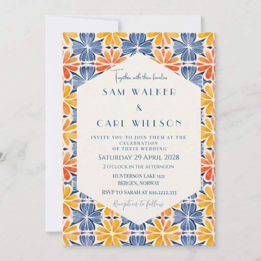 フラワーイエローオレンジタイル結婚ズ 招待状 (正面)