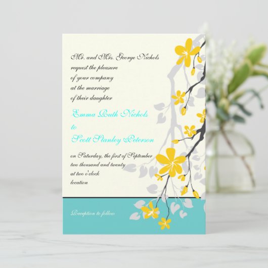 フラワーイエローターコイズ結婚式招待状 招待状 (スタンド正面)
