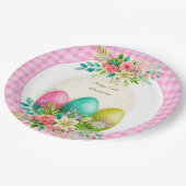 フラワーイースターエッグとウォーターカラーのピンクのバラ ペーパープレート (アングル)