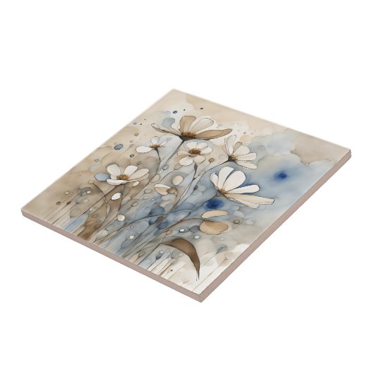 フラワーウォータカラー抽象芸術ベージュグレー タイル (側面)