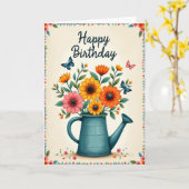 フラワーウォータリングキャン誕生日カード カード (黄色い花)