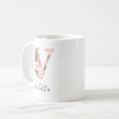 フラワーウォーターカラーイニシャルマグ - V コーヒーマグカップ (正面左)