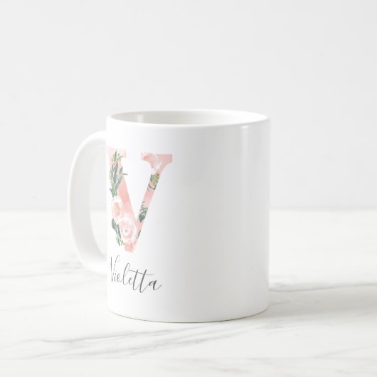 フラワーウォーターカラーイニシャルマグ - V コーヒーマグカップ (正面左)