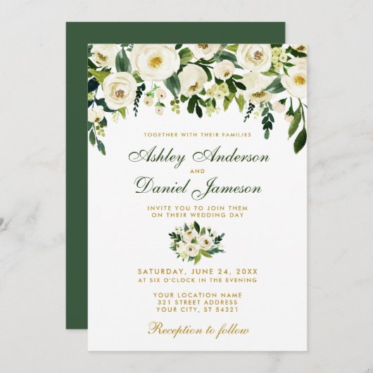 フラワーウォーターカラーグリーンゴールド結婚式招待状GB 招待状 (正面/裏面)