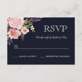 フラワーウォーターカラーピオニーピンクネイビーRSVP 出欠カード