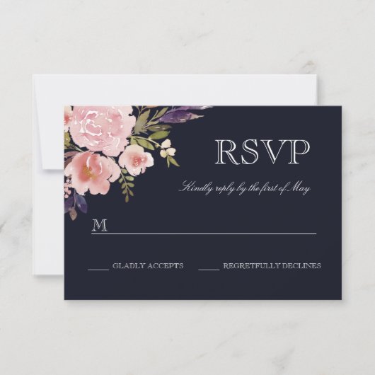 フラワーウォーターカラーピオニーピンクネイビーRSVP 出欠カード (正面)