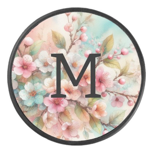 フラワーウォーターカラーモノグラム ピンクの桜 アイスホッケーパック (正面)