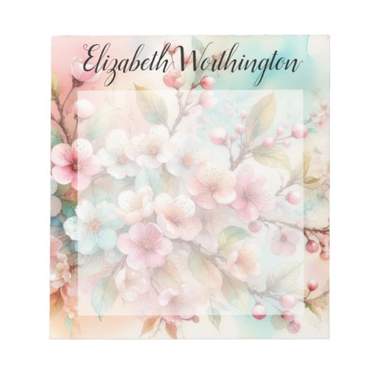 フラワーウォーターカラーモノグラム ピンクの桜 ノートパッド (正面)
