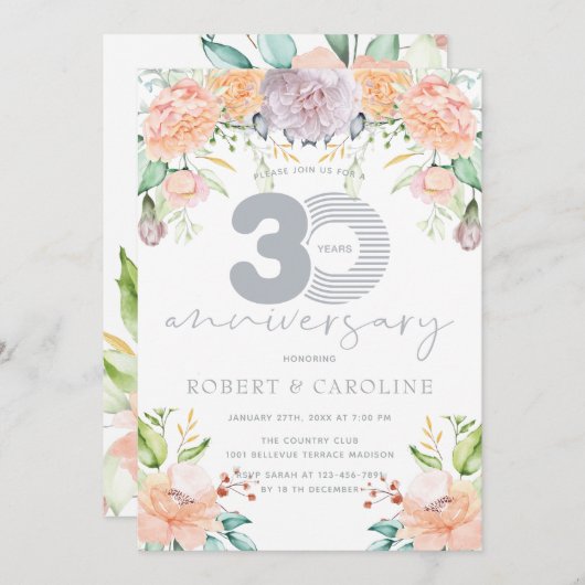 フラワーウォーターカラー30周年結婚記念日 招待状 (正面/裏面)