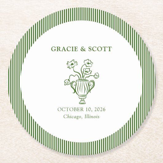 フラワーエレガントガーデンパーティークラシックグリーン結婚ズ ラウンドペーパーコースター (正面)