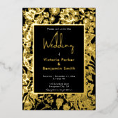 フラワーエレガントスケッチ枠ブラック金ゴールド結婚ズ 箔招待状 (正面)