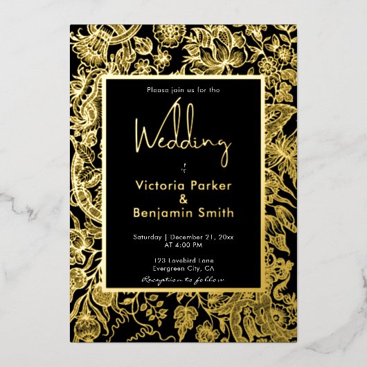 フラワーエレガントスケッチ枠ブラック金ゴールド結婚ズ 箔招待状 (正面)