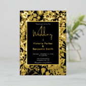 フラワーエレガントスケッチ枠ブラック金ゴールド結婚ズ 箔招待状 (立ち正面)